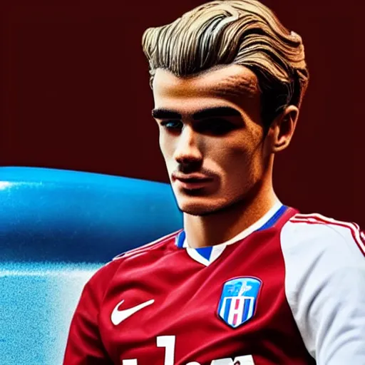 Image similar to “ a realistic detailed photo of a guy who is an attractive humanoid who is half robot and half humanoid, who is a male android, soccer player antoine griezmann, shiny skin, posing like a statue, blank stare, on the bed, on display ”