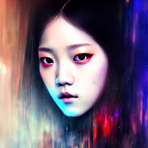 Image similar to jisoo of blackpink, hyperrealistic portrait, bladerunner street, by karol bak and agnes cecile, fantasy art, photo realistic, dynamic lighting, artstation, poster, volumetric lighting, very detailed face, intricate complexity, rule of thirds, 8 k, award winning