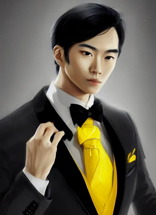 Image similar to a highly detailed illustration of young attractive black haired asian guy wearing black suit and tie with coattails, yellow eyes, dramatic elegant pose, strings background, intricate, elegant, highly detailed, centered, digital painting, artstation, concept art, smooth, sharp focus, league of legends concept art, wlop.