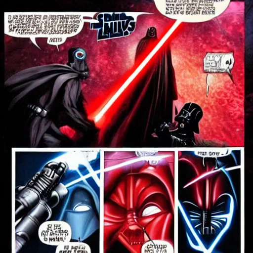 Image similar to morbius fighting darth vader with a lightsaber