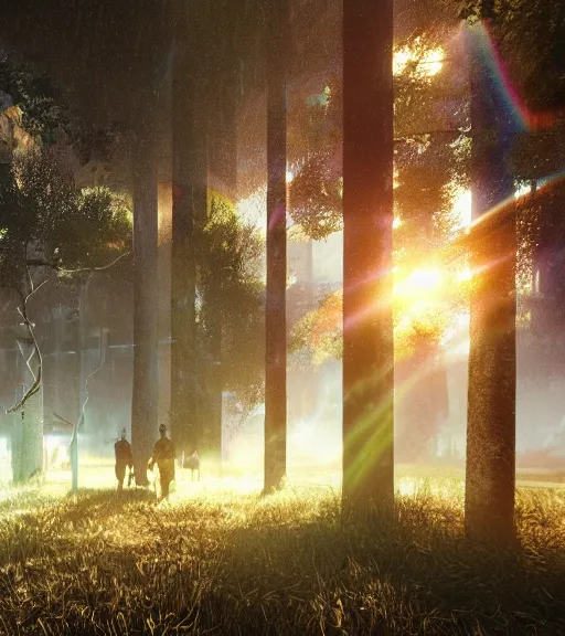 Prompt: daydreaming of the fuidity glass dance of the blockchain ropes, cyberpunk forest, majestic light, octane render, ethereal glare of the sun, raining rainbow, volumetric lighting, hyperealistic, epic, masterpiece