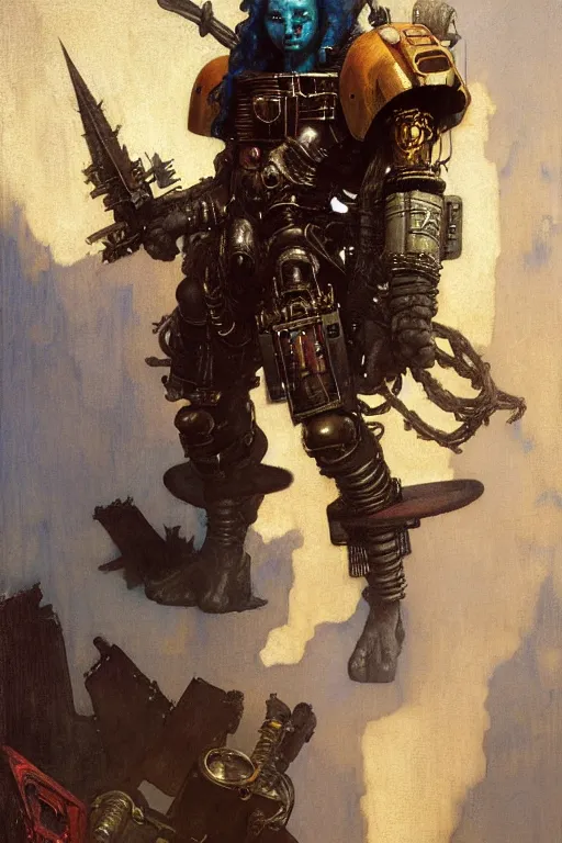 Image similar to full character portrait max mad cyberpunk warhammer 4 0 k, barbarian tech priest supersoldier not the girl with the pearl earring character design, painting by gaston bussiere, katsuya terada, nc wyeth, greg rutkowski, craig mullins, vermeer, frank frazetta, mucha, tom of finland, trending on artstation, jeffery catherine jones