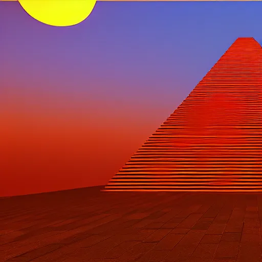 Image similar to ziggurat, photorealist, retrowave, orange color scheme, vivid lighting, sunset, digital art, rendered in unreal engine