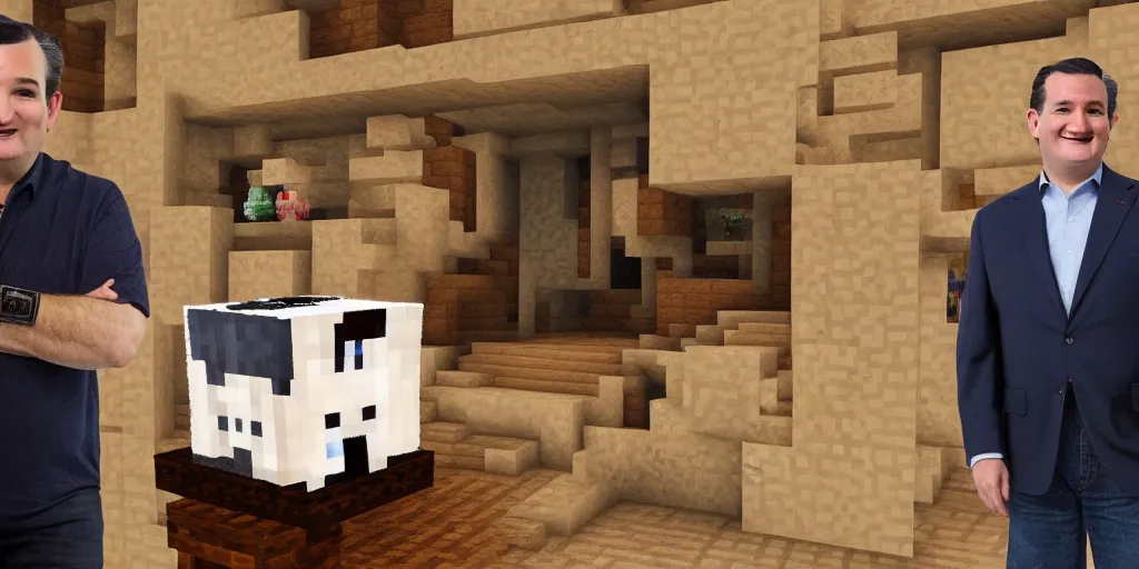 Image similar to ted cruz in a minecraft house standing next to a chest