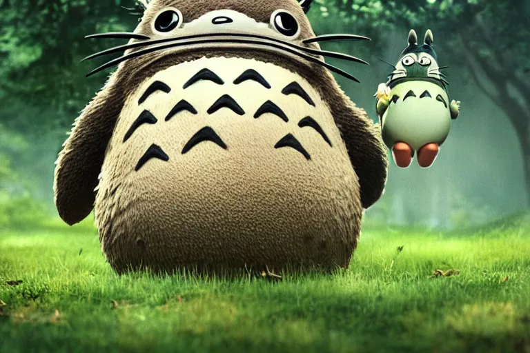 Image similar to my neighbor totoro ( 1 9 8 8 ), hyper realistic, ambient lighting, concept art, intricate, hyper detailed, smooth, dynamic volumetric lighting, octane, raytrace, cinematic, high quality, high resolution, 4 k