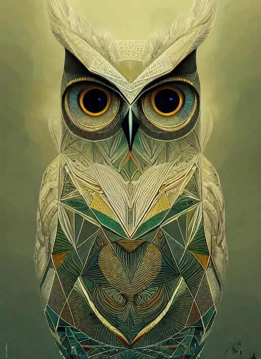 Image similar to portrait of a geometric owl, identical eyes, medium shot, illustration, full body made of white feathers, symmetrical, art stand, super detailed, cinematic lighting, and its detailed and intricate, gorgeous, by peter mohrbacher