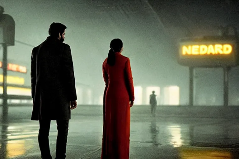 Image similar to film still of closeup beautiful model indian couple in blade runner 2 0 4 9, train station, cinematic, moody, gritty neon noir by emmanuel lubezki