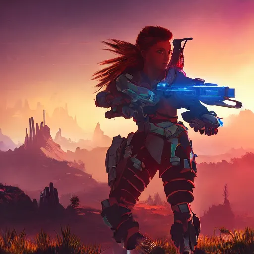 Image similar to cyber swat warrior of horizon forbidden west horizon zero dawn bioluminiscence global illumination ray tracing hdr fanart arstation by ian pesty and alena aenami artworks