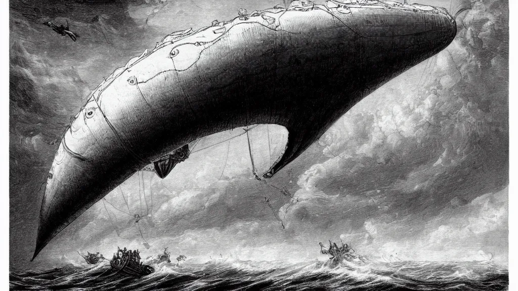 Image similar to drawing of one giant steampunk zeppelin flying above a stormy ocean, by gustave dore, nineteenth century, black and white, vintage, science fiction, epic composition, dramatic lighting, highly detailed, cinematic