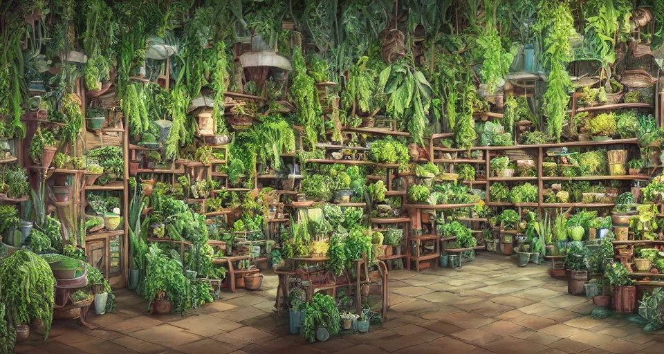 Image similar to plants shop, counter, ferns and vines, highly detailed, sharp focus, matte painting, by studio ghibli, by giovani magana,