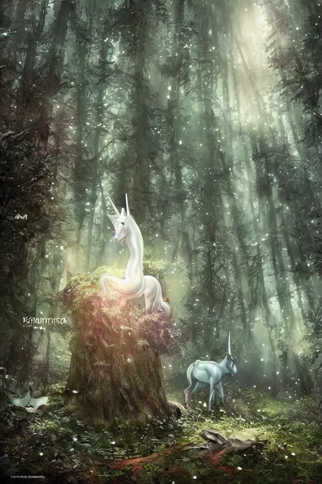 Image similar to there is a silver unicorn in the forest, unicorns around the shimmering light, fireflies flying in the forest, the dreamy crystal atmosphere ， super wide angle ， matte painting ， rtx on ， by karine eibatova and jordan grimmer ， trending on cgsociety and artstation, volumetric light ， surreal