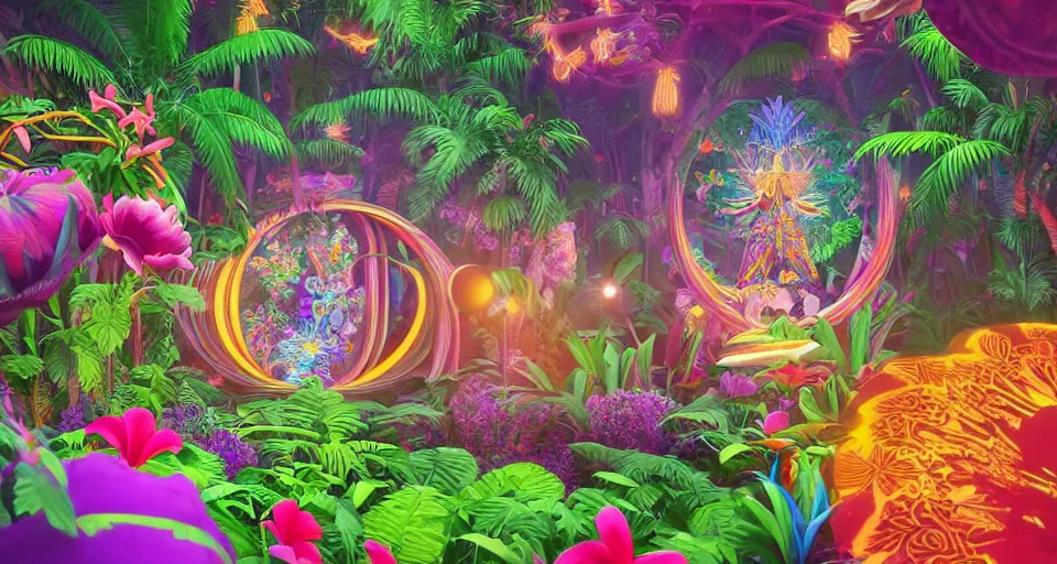 Prompt: psychedelic 3d vector art illustration of wild jungle with an interdimensional portal and exotic flowers by Lisa frank, Beeple and Tim Hildebrandt, hyper realism, Art deco , intricate, elegant, highly detailed, unreal engine, octane render, artstation, smooth, sharp focus, sharp contrast