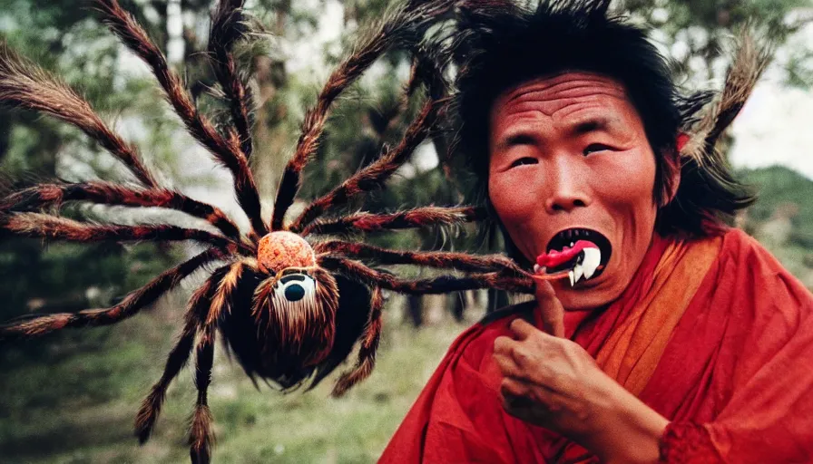 Image similar to 7 0 s movie still of a tibetan man with a giant spider in the mouth, cinestill 8 0 0 t 3 5 mm eastmancolor, heavy grain, high quality, high detail