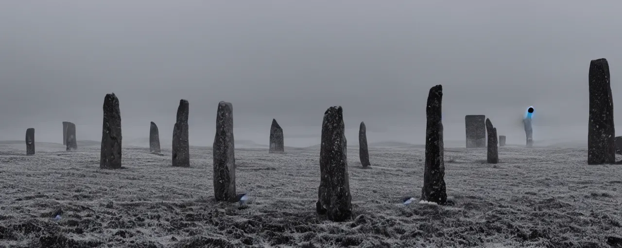 Prompt: 'a giant windfarm stands among neolithic standing stones of stenness, haunting, fog, grainy, snowing, atmospheric clouds'