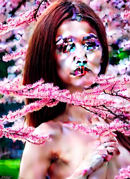 Image similar to photo of a beutiful girl in the style of stefan kostic, realistic, full body shot, sharp focus, 8 k high definition, insanely detailed, intricate, elegant, art by stanley lau and artgerm, extreme blur cherry blossoms background