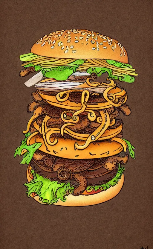 Prompt: highly detailed pencil illustration of octopus eating a burger, symmetrical, hd, trending, silk screen