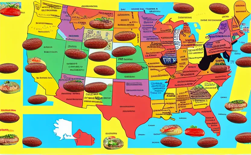 Image similar to hot dogs across america map, detailed, map key, tourist map, brochure