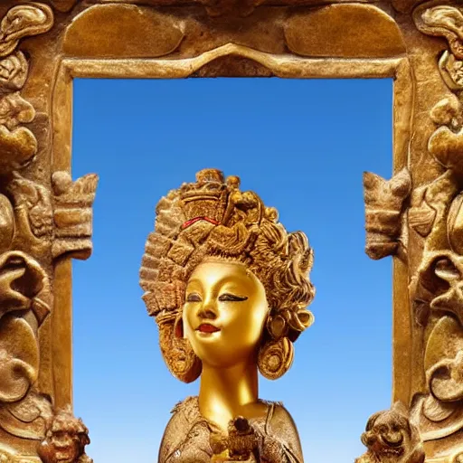 Image similar to a scenic view of an mayan goddess statue sculpted in wood with golden details by bernini and Antonio Corradini 8k, texturized