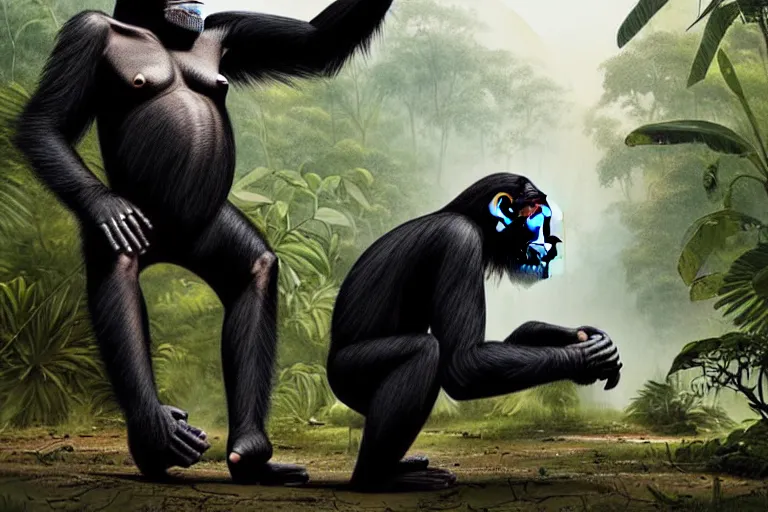 Image similar to rehabilitated chimpanzee giving a thank hug to the robot that saved them from humans, illustartion by greg rutkowski and Shepard Fairy, exhuberant jungle in the background, 35mm, digital painting, cinematic animation film, amazonian jungle, werner herzog