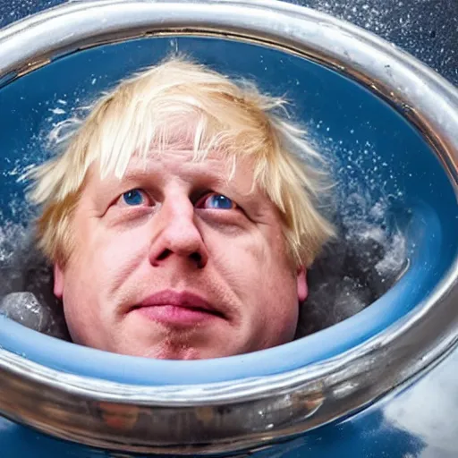 Image similar to Boris Johnson sitting in a bathtub full of baked beans, photograph