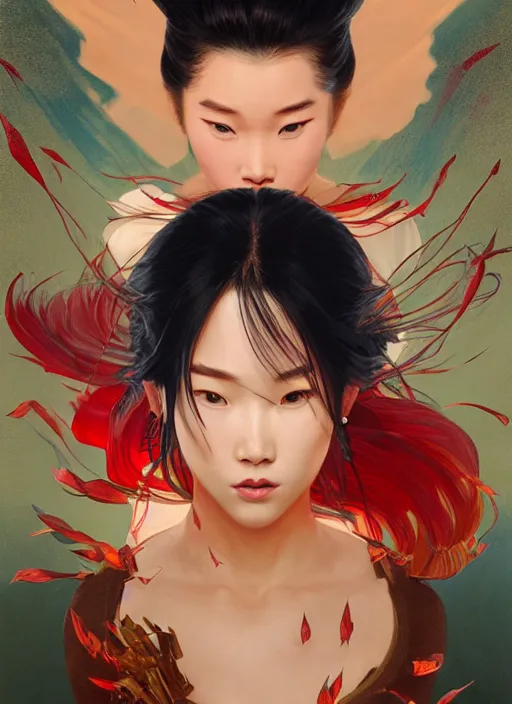 Prompt: portrait of mulan, tiger, red spike aura in motion, floating pieces, painted art by tsuyoshi nagano, greg rutkowski, artgerm, alphonse mucha, spike painting