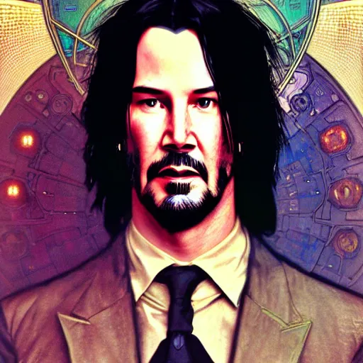 Image similar to full portrait of cyberpunk keanu reeves, sci - fi, d & d, intricate, detailed, by by alphonse mucha, adolfo hohenstein, alice russell glenny, stanley artgerm lau, greg rutkowski, detailed, trending on artstation, trending on artstation, smooth