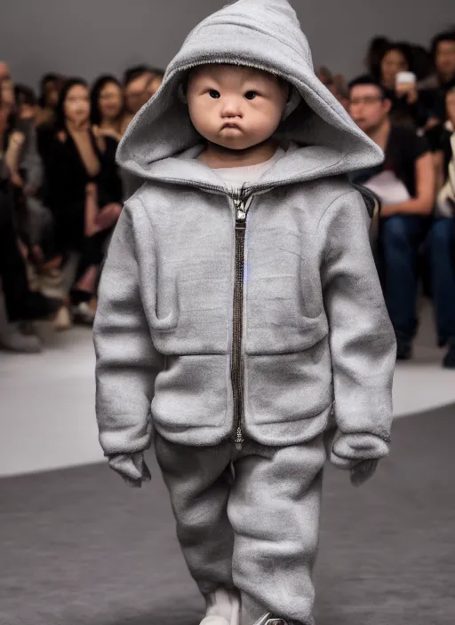 Image similar to hyperrealistic and heavy detailed balenciaga runway show of baby yoda, leica sl 2 5 0 mm, vivid color, high quality, high textured, real life, cute face