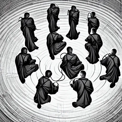 Prompt: hyper detailed, 5 monks kneeling in a circle, wires coming out of the back of their heads connecting them to a computer in the center, dark shadowy surroundings, dystopian scifi, horror