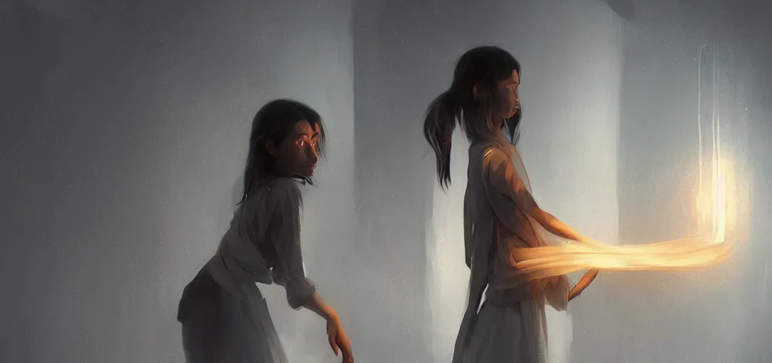 Image similar to Young Himalayan woman concerned in an empty room using psychic powers to make a lighter float| night time scene, plain walls |somber white eyes, long messy hair | gentle lighting, futuristic, dim lighting, digital art by Makoto Shinkai ilya kuvshinov and Wojtek Fus, digital art, concept art,