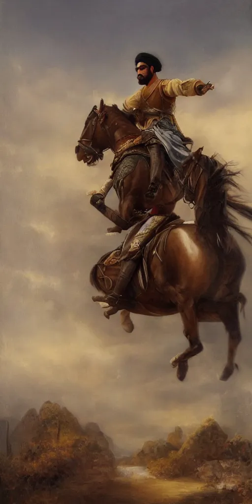 Image similar to Highly detailed and cinematic romantic period oil painting of an Arabian prince riding a rearing horse, beautifully lit and atmospheric, an oil painting masterpiece by Josep Tapiró Baró, RPG portrait, dynamic lighting, 8K