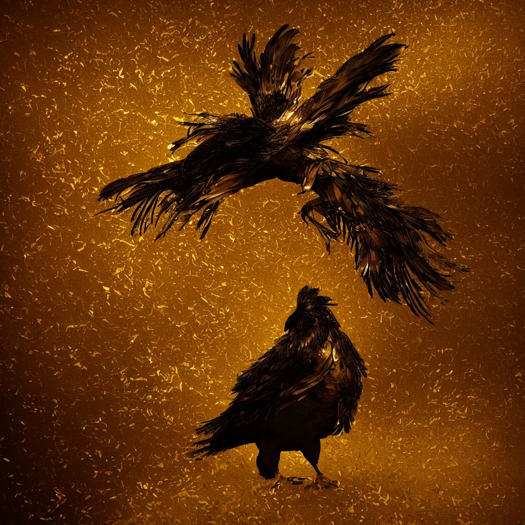 Prompt: golden Raven with feathers made of gold leaf, losing feathers, dark forest, light leaks, octane render, dramatic action shot