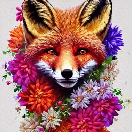 Image similar to made of flowers, made of flowers, made of flowers, portrait of a fox made of flowers, fantasy art, trending on artstation, beautiful art, intricate, elegant, highly detailed, digital painting