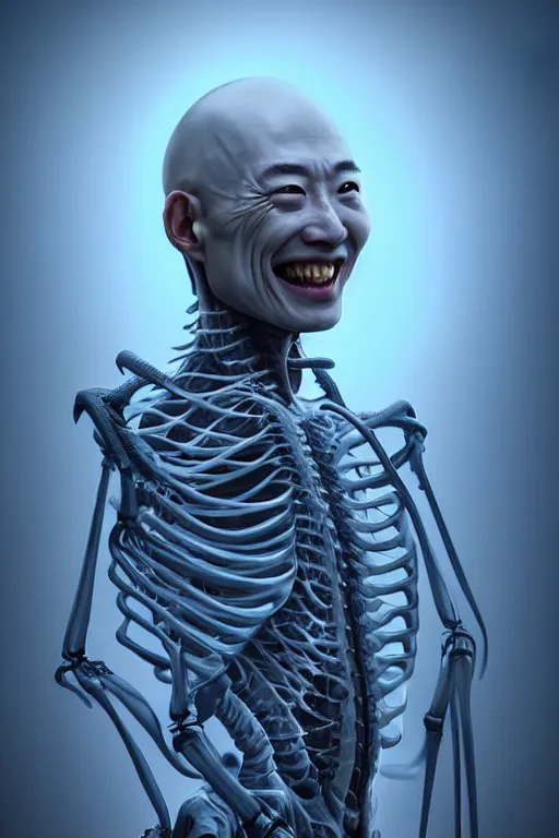 Image similar to hyperrealistic close-up translucent gothic exoskeleton!! smiling chinese man covered highly detailed concept art eric zener elson peter cinematic side soft blue light high angle hd 8k sharp shallow depth of field