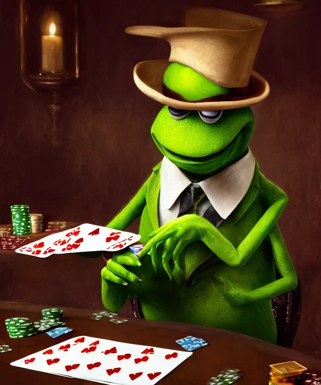 Prompt: anthropomorphic kermit playing poker, cinematic, floral shirt, top hat, elegant, highly detailed, digital painting, artstation, smooth, hard focus, illustration, art by jessica rossier and and brian froud