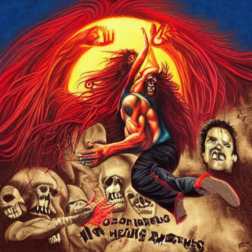 Prompt: airbourne breaking outta hell album cover, red man screaming with long hair, drawing, realistic,