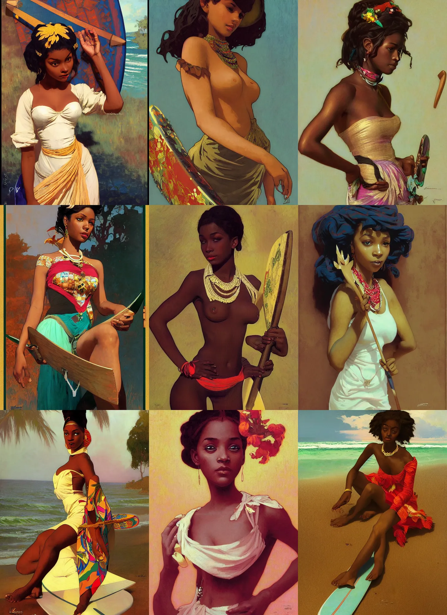 Prompt: pulp art, gorgeous maid, african girl with surfboard, iranian, wooden jewerly, elegant, vibrant, smooth, by ilya kuvshinov, craig mullins, edgar maxence, alphonse mucha, artgerm, sakimichan