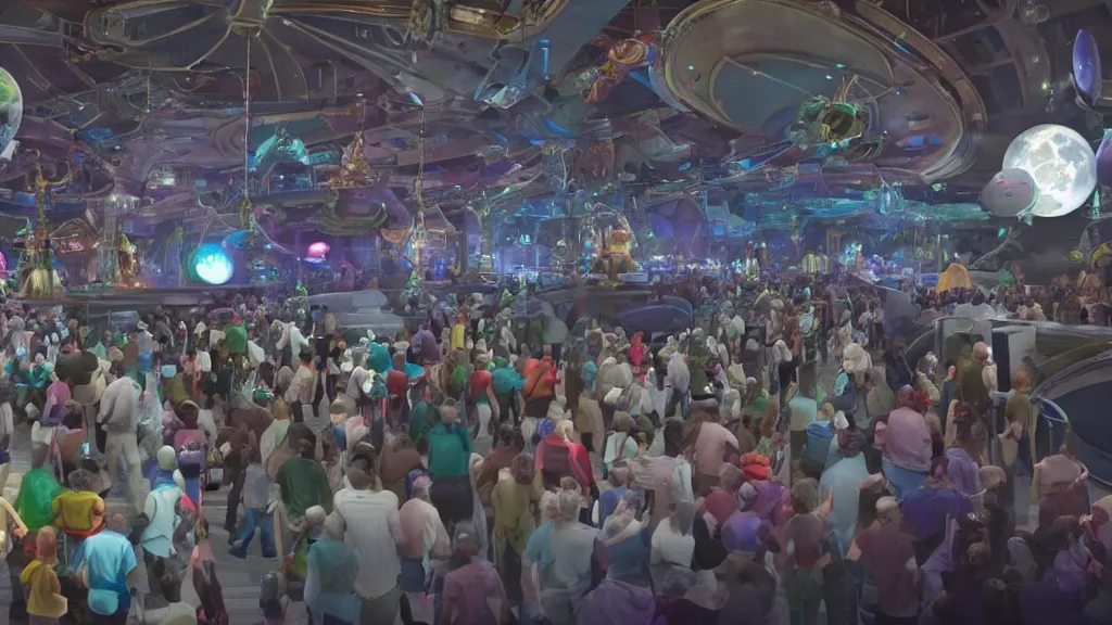 Image similar to disney world on the moon, photorealistic, 8 k, extreme detail, rendered in octane, rendered in arnold, rendered in vray, created in unreal engine 5, crowds of people in space suits in line to ride the bounce machine