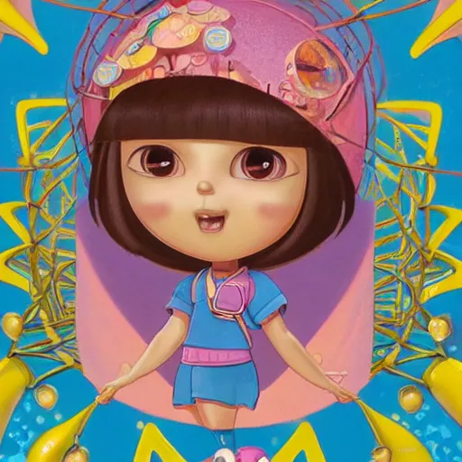 Image similar to portrait of dora the explorer as real girl in happy pose, detailed, intricate complex background, japanese Pop Surrealism, lowbrow art style, muted pastel colors, soft lighting, 50's looks by Mark Ryden,Yosuke Ueno,mucha, artstation cgsociety