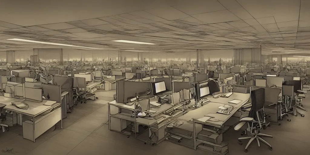 Image similar to endless office by alan lee, intricate, highly detailed, digital painting, artstation, concept art, smooth, sharp focus, illustration, vfx