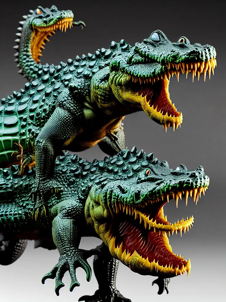 Prompt: hyperrealistic rendering, fat smooth john carpenter flesh monster crocodile by bernie wrightson and killian eng and joe fenton, product photography, action figure, sofubi, studio lighting, colored gels, colored background