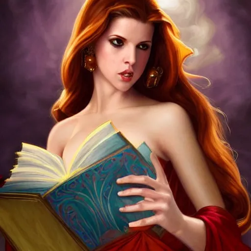 Image similar to anna kendrick dressed as jessica rabbit holding a glowing wand in one hand and a large leather bound book, fantasy, intricate, elegant, highly detailed, digital painting, artstation, concept art, matte, sharp focus, illustration, in the style of magic the gathering, art by artgerm and greg rutkowski and alphonse mucha