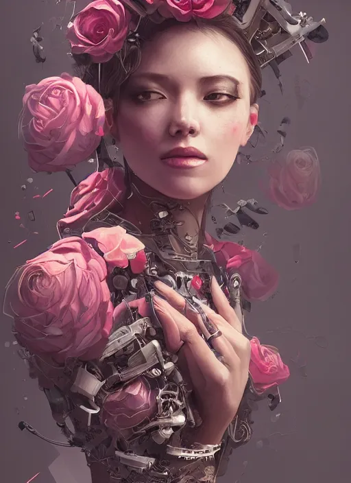 Image similar to portrait of a seductive female with roses, cyberpunk cyborg. roses, muted colors, sci - fi, intricate abstract upper body intricate artwork, by tooth wu, wlop, beeple, dan mumford. concept art, octane render, deviantart, greg rutkowski, cinematic arthouse, key art, hyper realism, iridescent accents