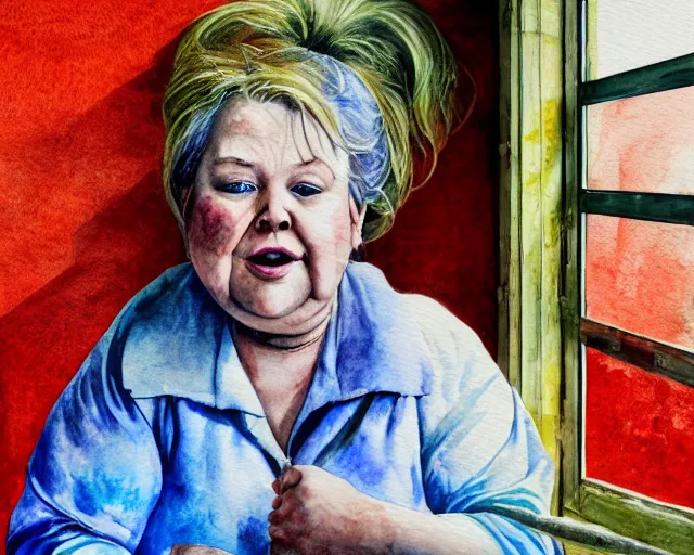 Prompt: an innocent and beautiful scene in hyper realistic style, watercolor and pen oily drawing on wood, of a fat old lady painting a huge colorful fish on the wall, lighting from the barred window. shadows. 4 k. wide angle. wild mood. red mouth, blue eyes. deep focus, lovely scene. ambient occlusion render. unreal engine.