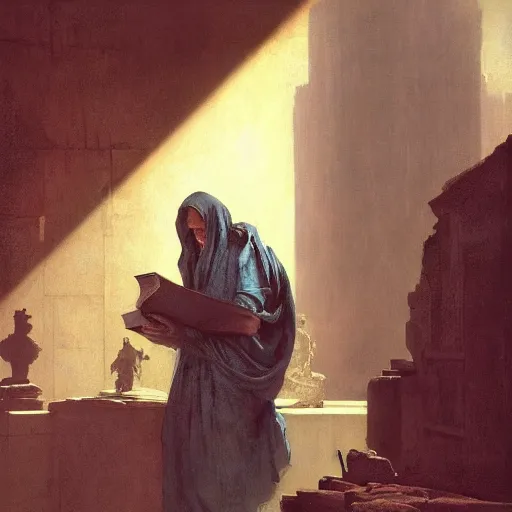 Prompt: half portait of magican wearing a closed cowl and big old book! chained to the wrist, jeremy mann, jean - leon gerome, tiepolo, alphonse mucha, greg rutkowski, face in the shadows, ( ( ruins of ancient rome ) ), at dusk, mysterious atmosphere, sunrays, dof, high detailed, 8 k