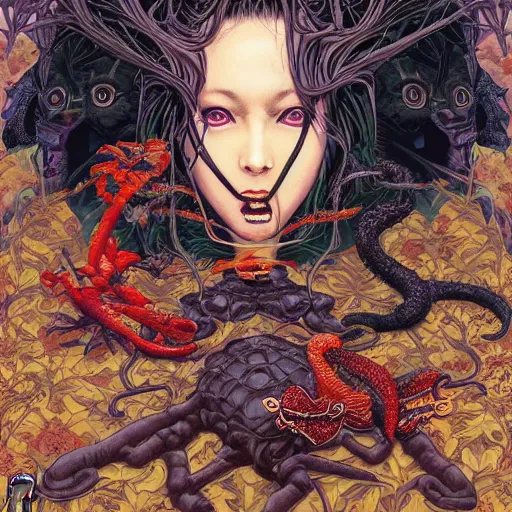 Image similar to portrait of crazy dark girl with reptiles, symmetrical, by yoichi hatakenaka, masamune shirow, josan gonzales and dan mumford, ayami kojima, takato yamamoto, barclay shaw, karol bak, yukito kishiro