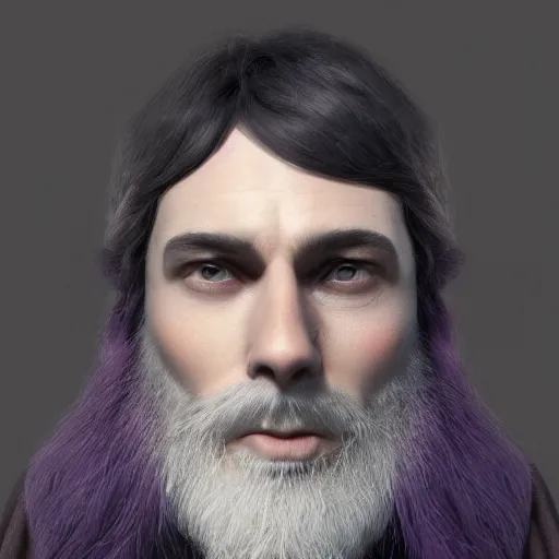 Image similar to a highly detailed portrait of a man without a beard, purple eyes, light gray long hair, wearing a black cloak, artstation, DeviantArt, professional, octane render