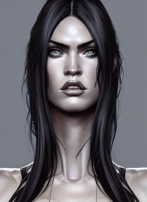 Image similar to symmetry!! gantz portrait of megan fox as dark priestess, unholy, intricate, highly detailed, dynamic lighting, digital art, digital painting, artstation, terence nielsen, sharp focus, illustration, art by artgerm and greg rutkowski and moebius, 8 k