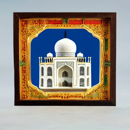 Prompt: Taj Mahal made of different kinds of cheeses, photo, diorama