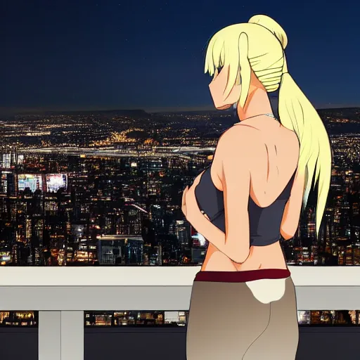 Image similar to a blonde woman with a ponytail wearing black stands on her balcony over a city street at night, anime style, 4k