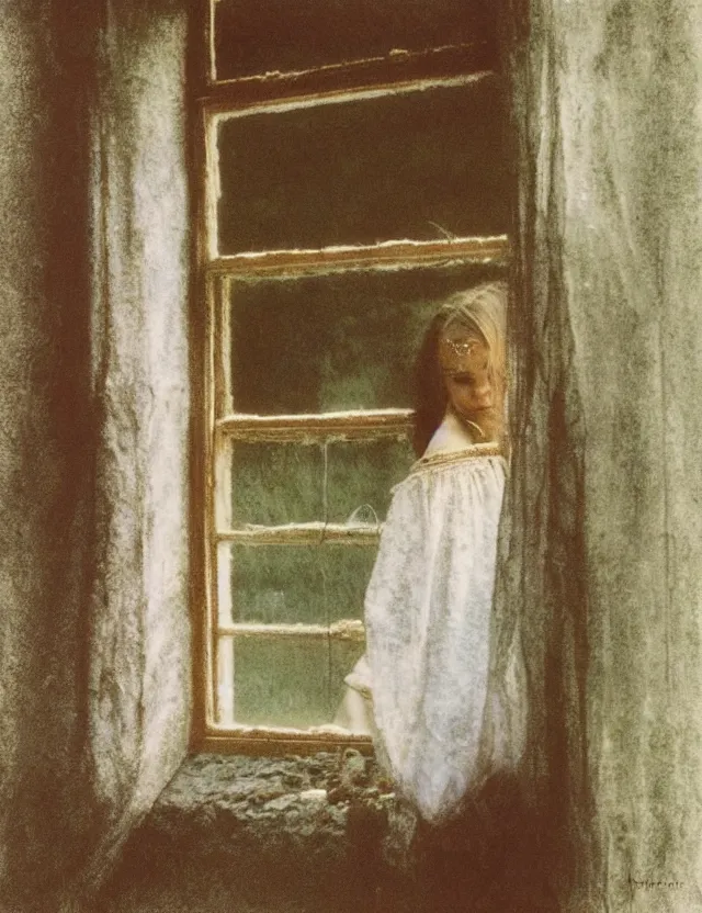 Prompt: peasant girl in a morning in country house looking in a window, cottage core, polaroid photo bleached vintage pastel colors high - key lighting, soft lights, foggy, by steve hanks, by lisa yuskavage, by serov valentin, by tarkovsky, detailed, oil on canvas